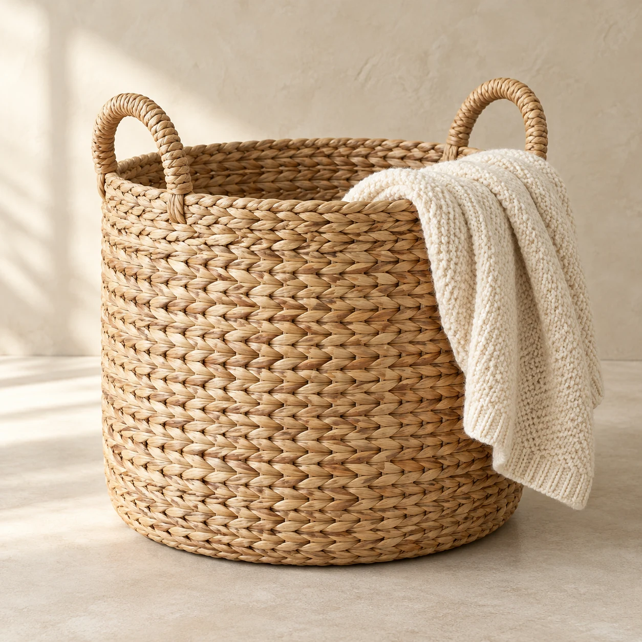 A natural woven basket holding a soft cream throw