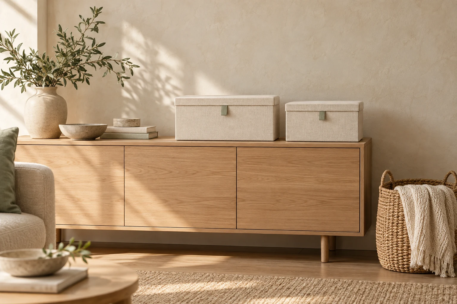 Linen storage boxes and a woven basket on an oak sideboard in a sunlit home